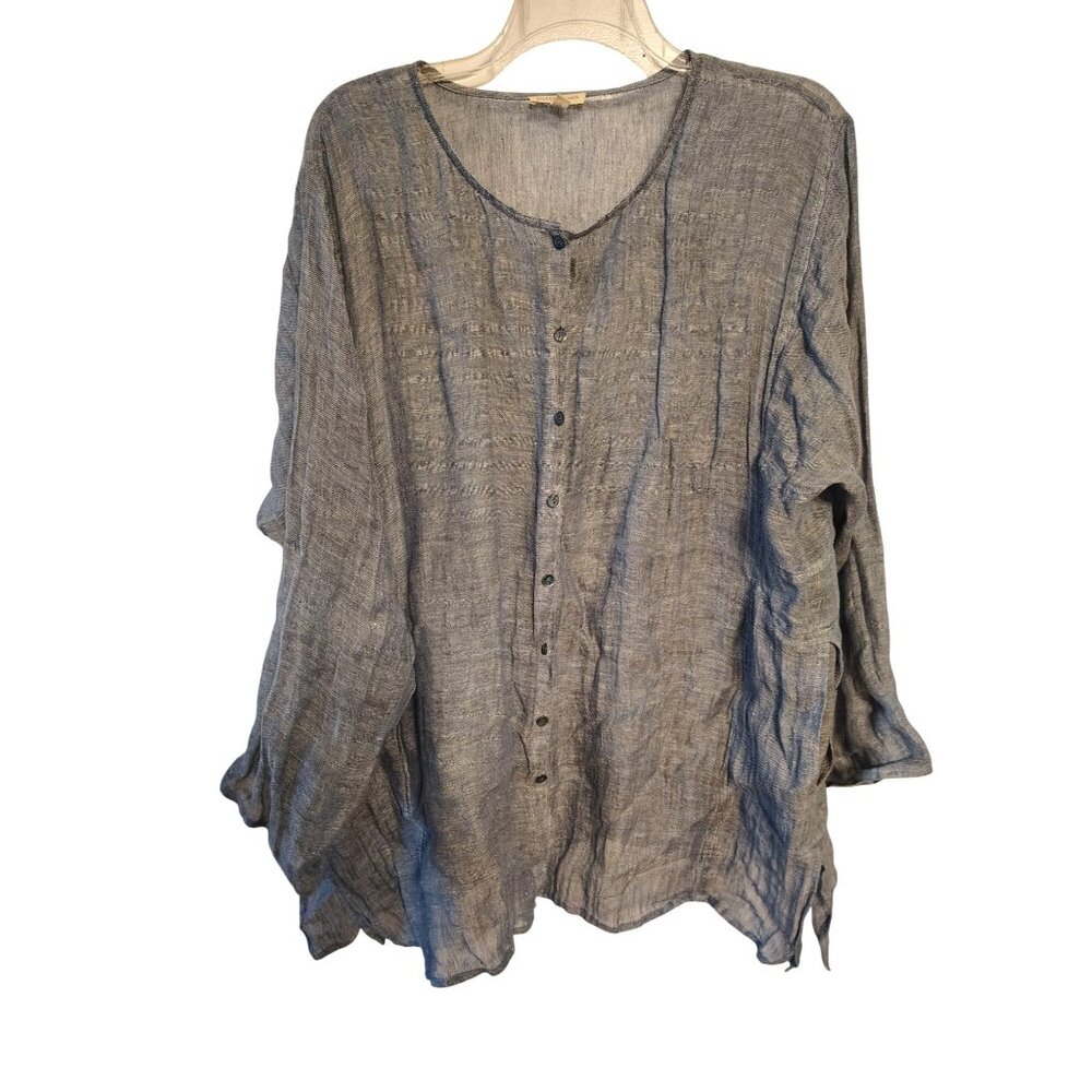 Eileen Fisher 3X Blue Linen Tunic Top Button Front Pockets Lagenlook Art to Wear